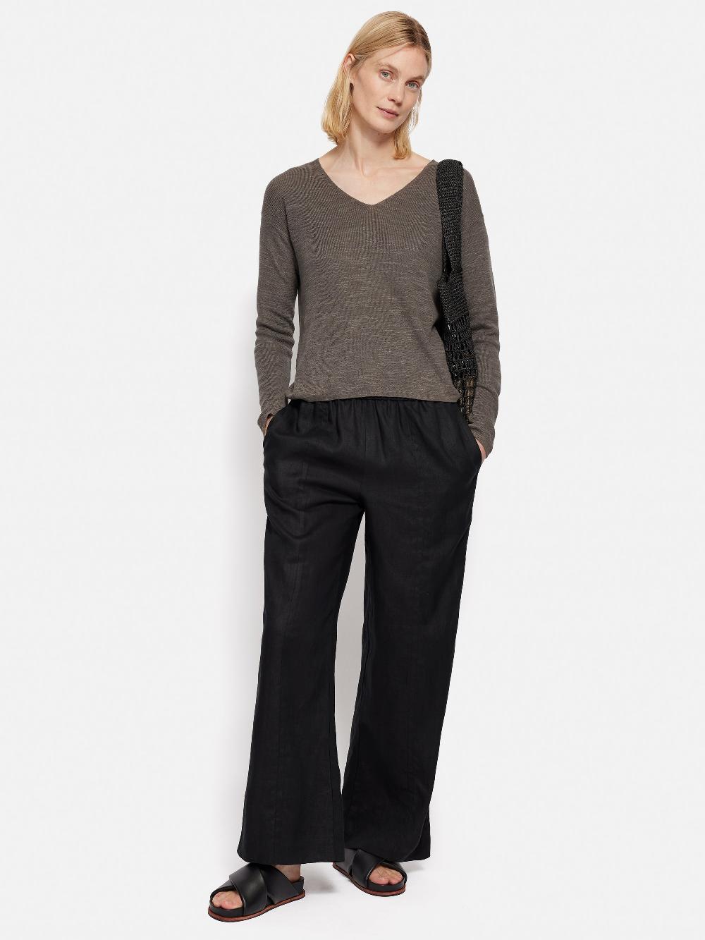 Jigsaw Linen Cotton V Neck Jumper Brown