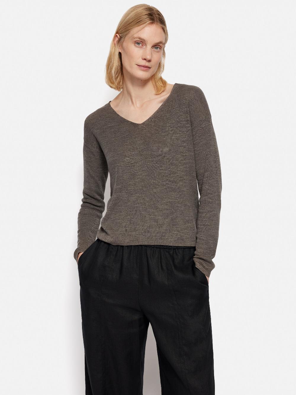 jigsaw Linen Cotton V Neck Jumper Brown