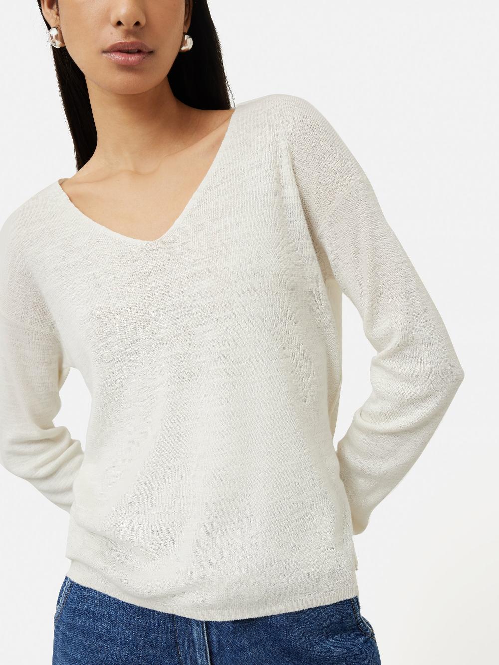 Jigsaw Linen Cotton V Neck Jumper Ivory