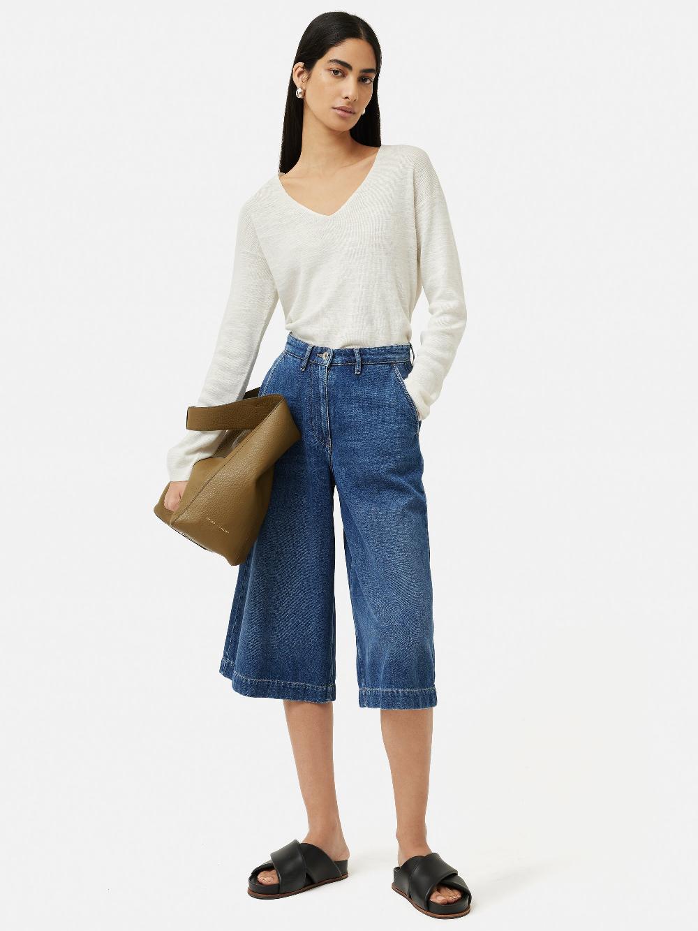 Jigsaw Linen Cotton V Neck Jumper Ivory