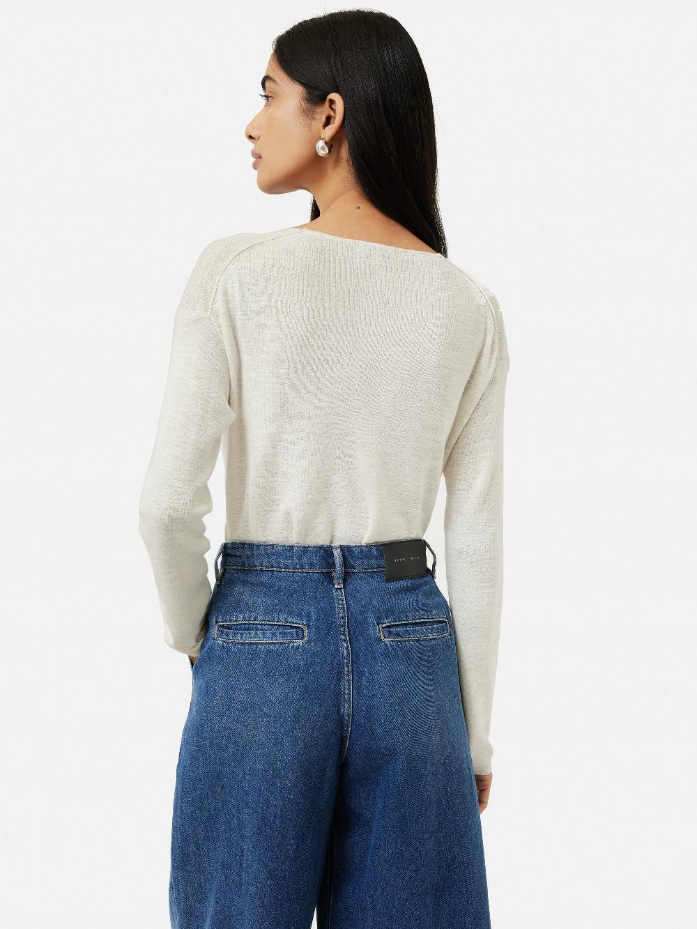 Jigsaw Linen Cotton V Neck Jumper Ivory