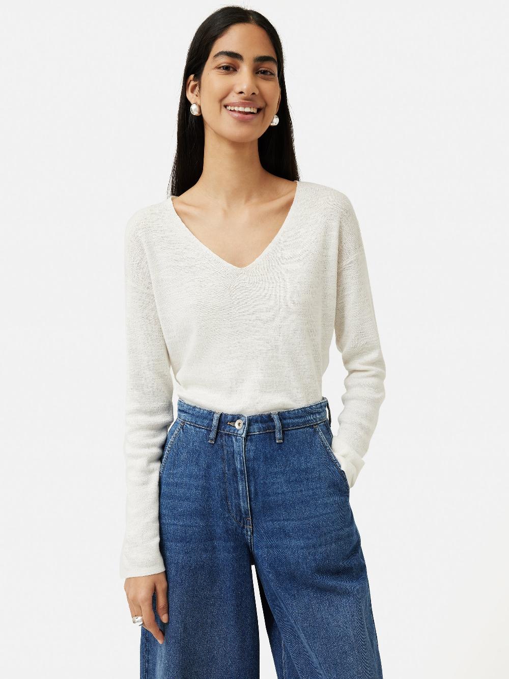 jigsaw Linen Cotton V Neck Jumper Ivory