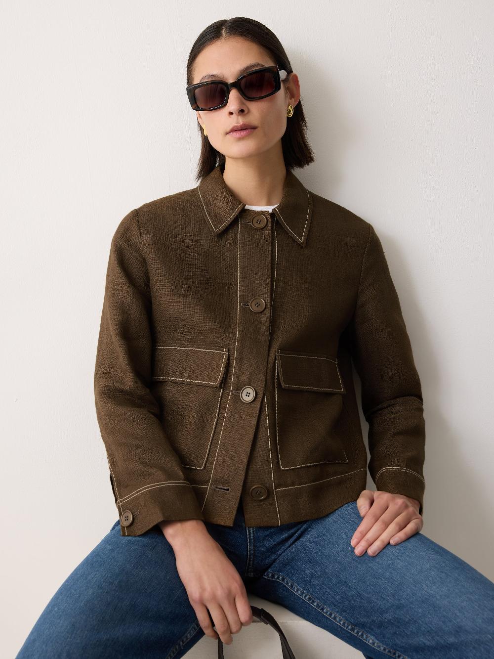 jigsaw Linen Cropped Utility Jacket Brown