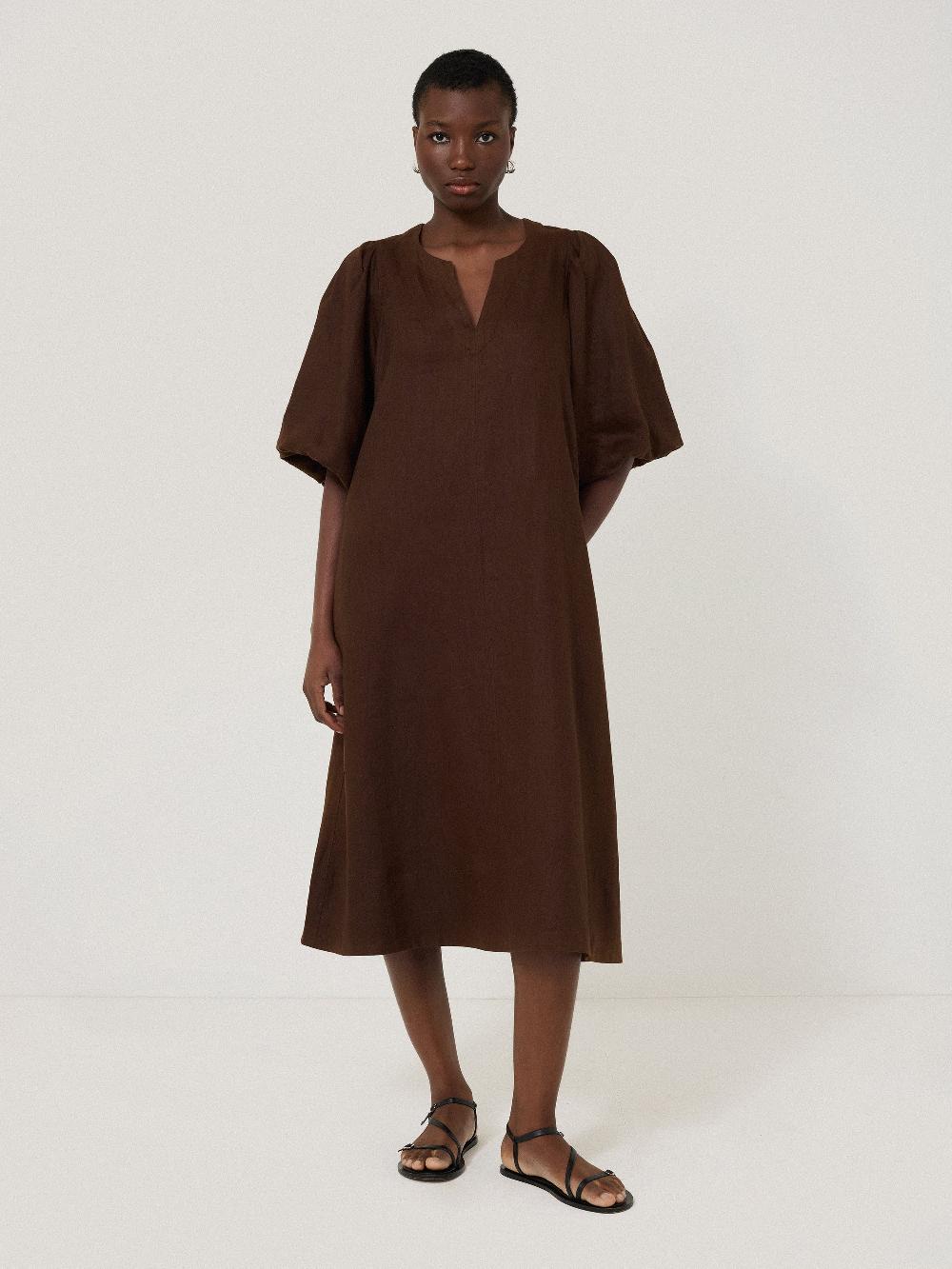 Jigsaw Linen Puff Sleeve Midi Dress Brown