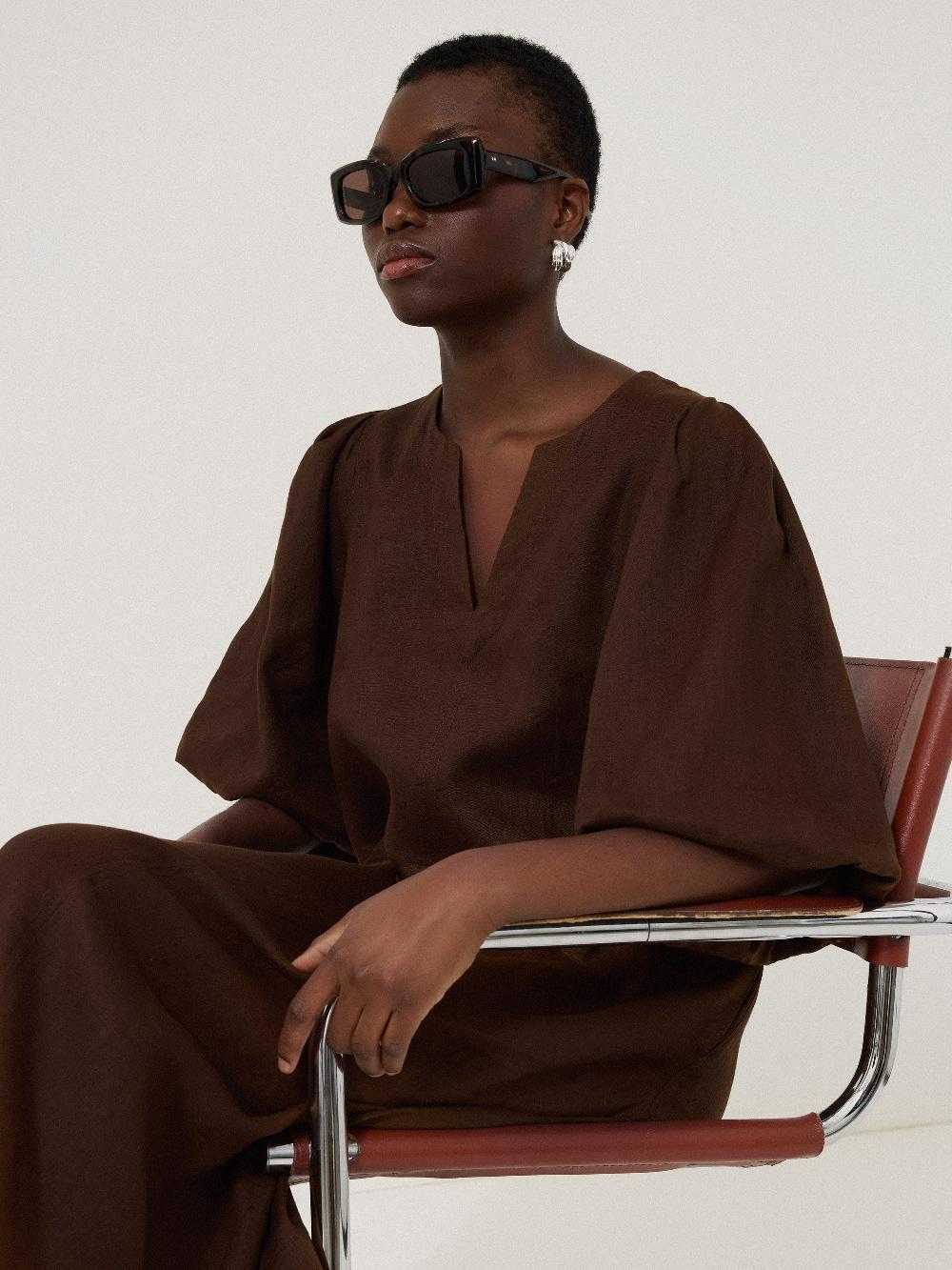 Jigsaw Linen Puff Sleeve Midi Dress Brown