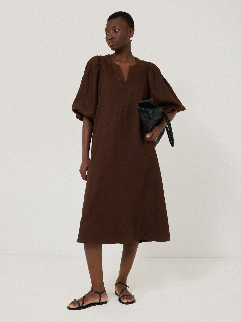 Jigsaw Linen Puff Sleeve Midi Dress Brown