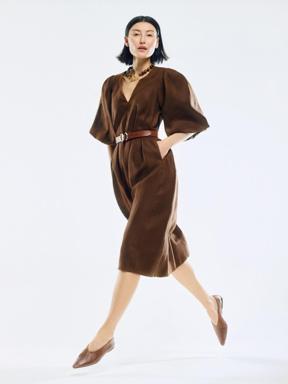 jigsaw Linen Puff Sleeve Midi Dress Brown