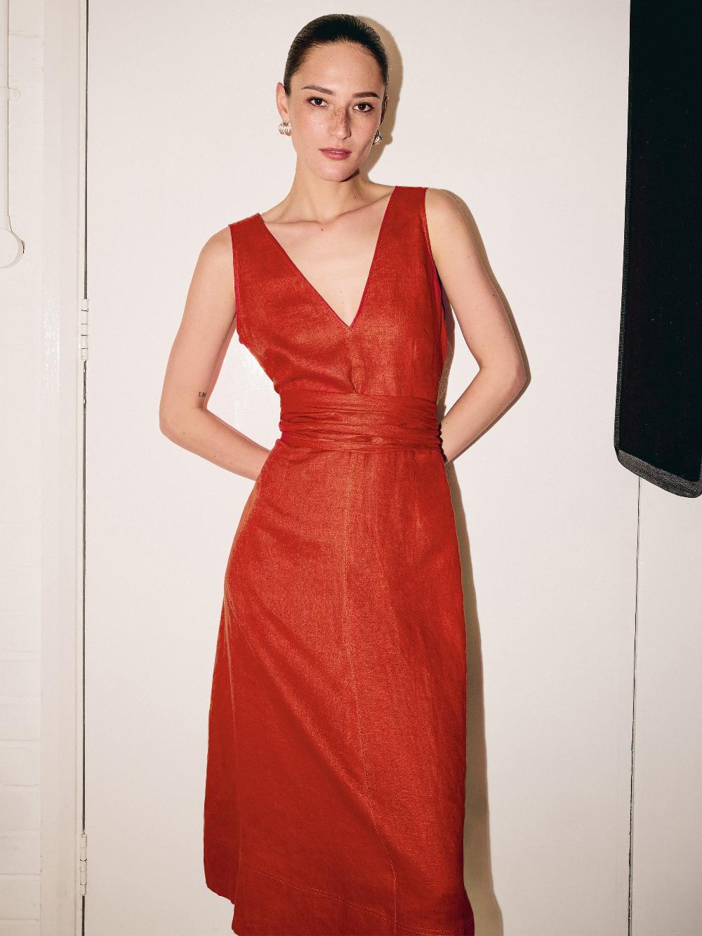 jigsaw Linen Tie Dress Orange