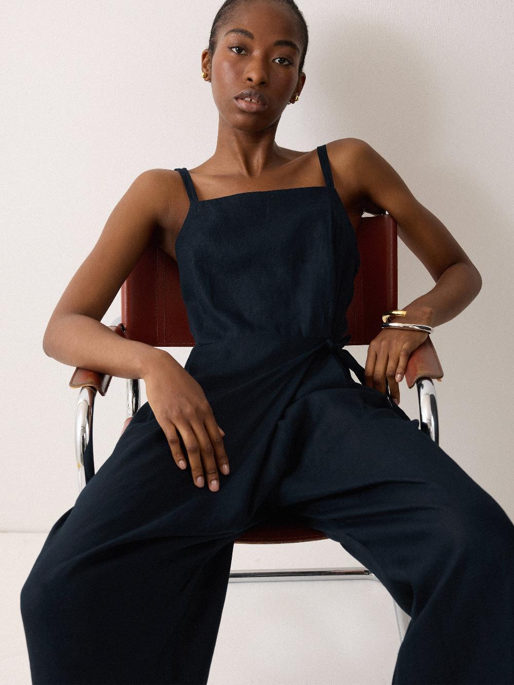 jigsaw Linen Tie Front Jumpsuit Navy