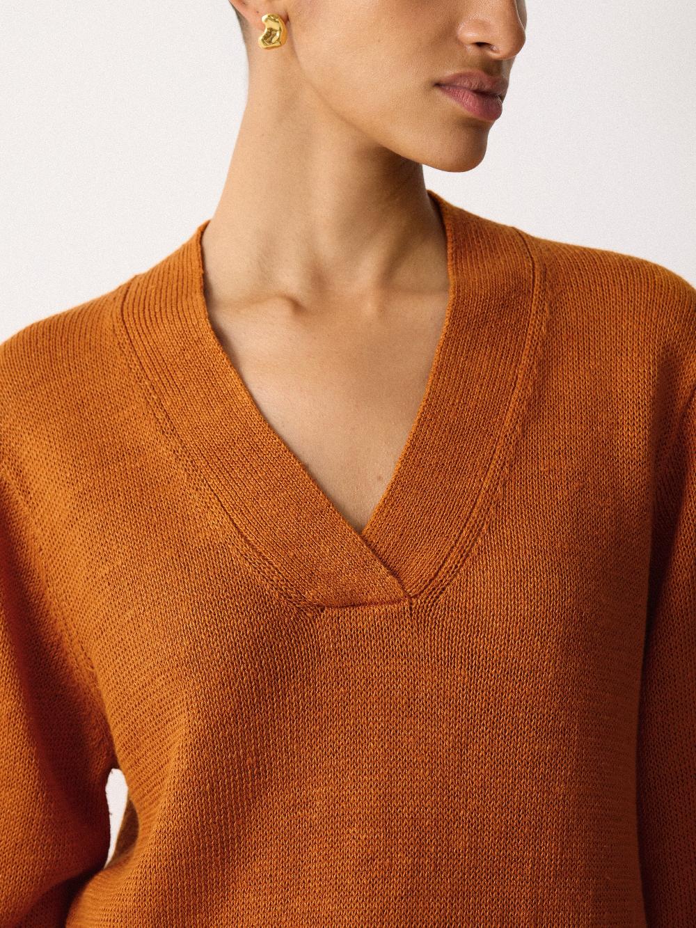 Jigsaw Linen V Neck Slouchy Jumper Orange