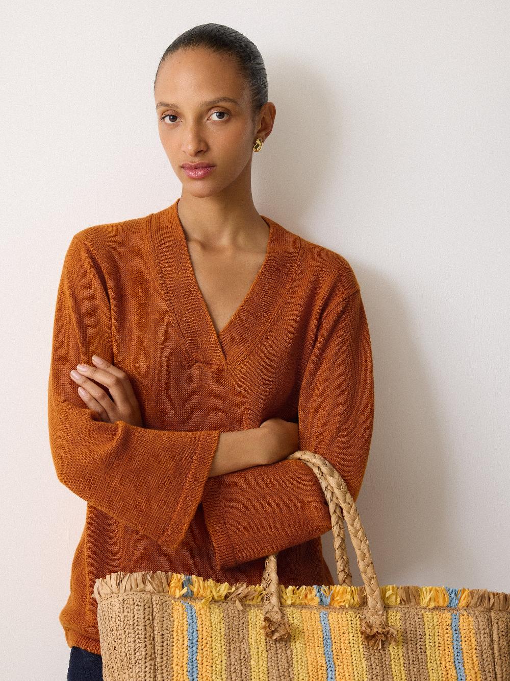 Jigsaw Linen V Neck Slouchy Jumper Orange