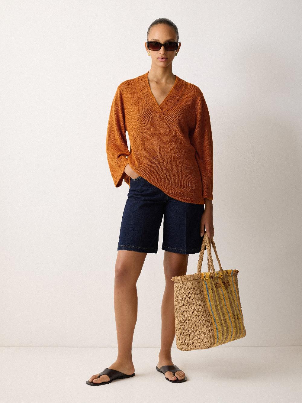 Jigsaw Linen V Neck Slouchy Jumper Orange