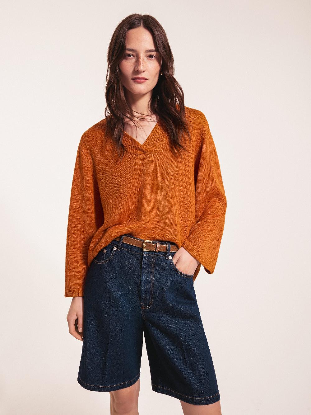 jigsaw Linen V Neck Slouchy Jumper Orange
