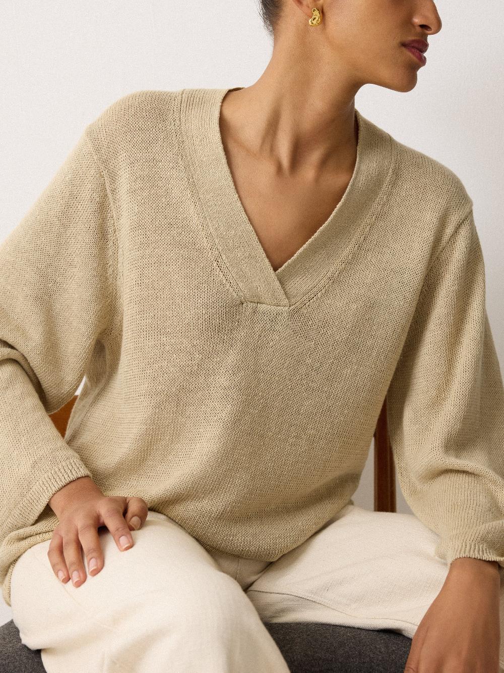 Jigsaw Linen V Neck Slouchy Jumper Sand