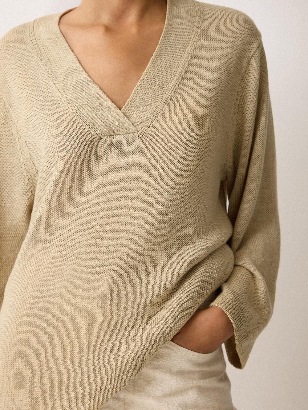 Jigsaw Linen V Neck Slouchy Jumper Sand
