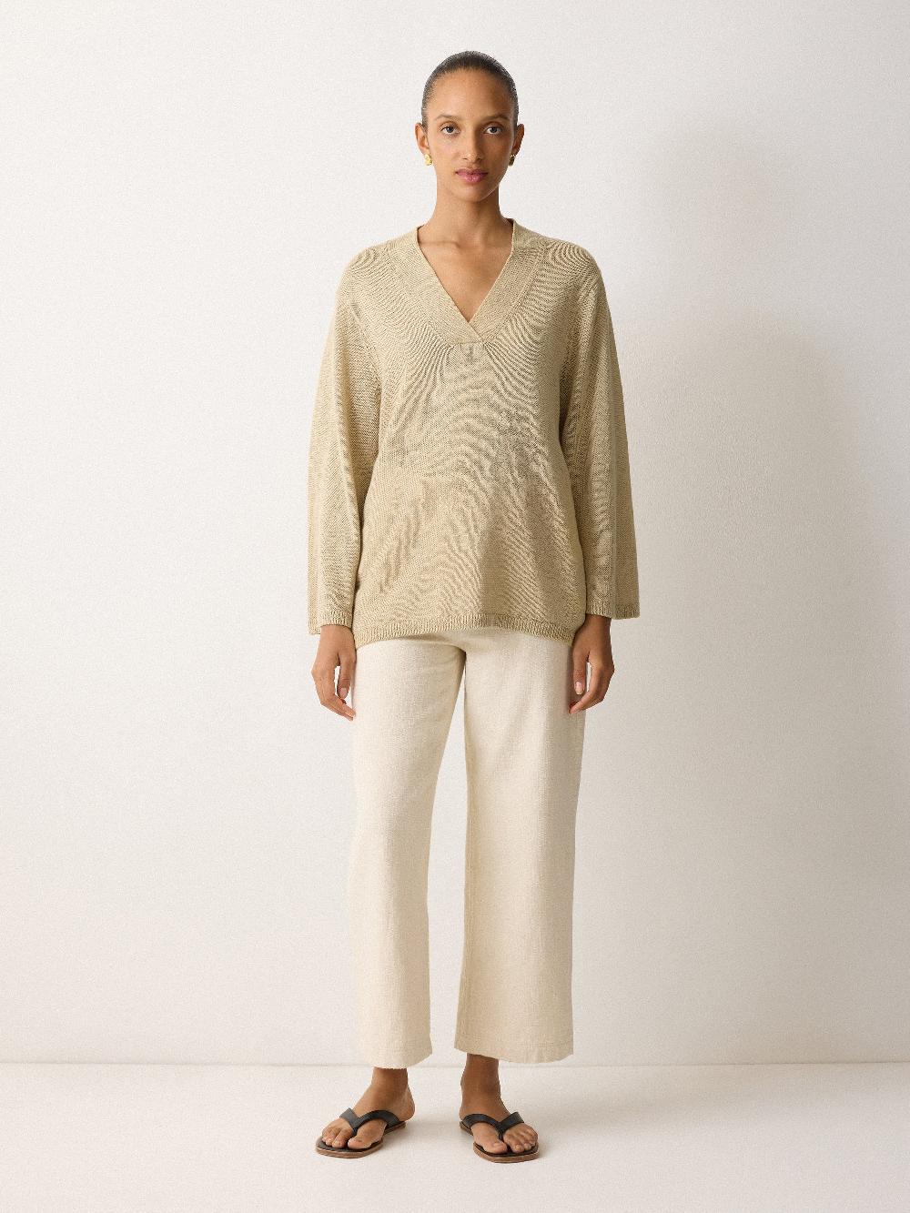 Jigsaw Linen V Neck Slouchy Jumper Sand