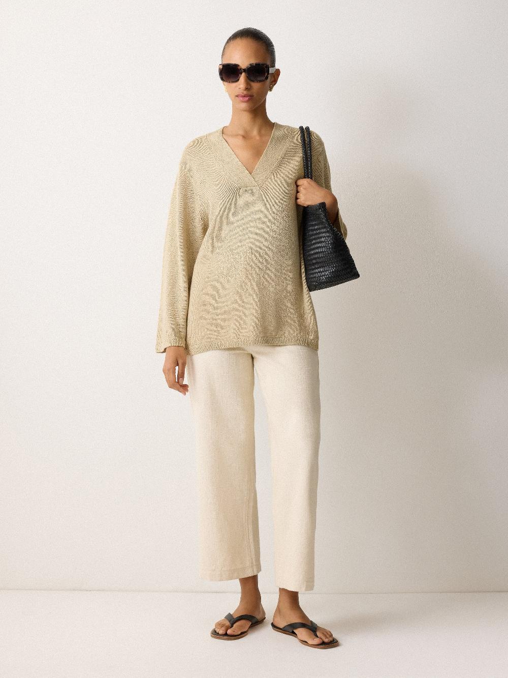 jigsaw Linen V Neck Slouchy Jumper Sand