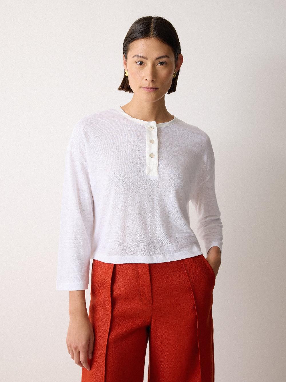 jigsaw Long Sleeve Linen Henley Top White