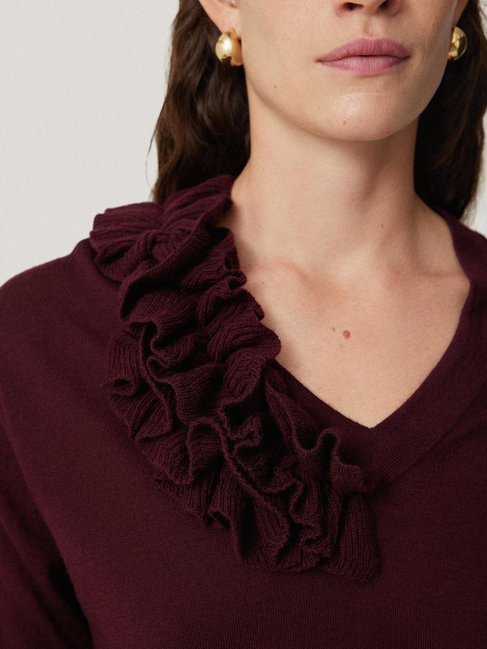 Jigsaw Merino Ruffle V Neck Jumper Burgundy