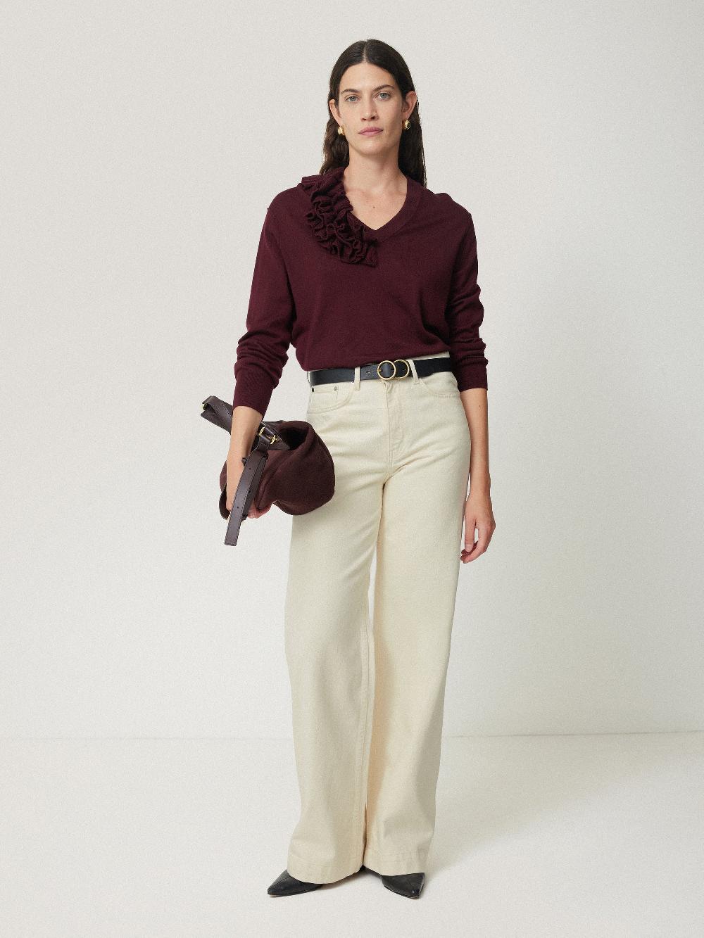 Jigsaw Merino Ruffle V Neck Jumper Burgundy