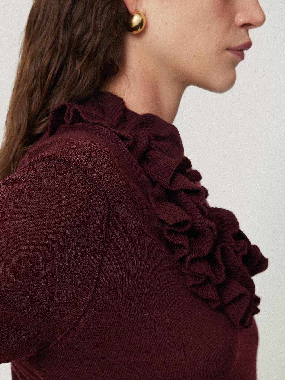 Jigsaw Merino Ruffle V Neck Jumper Burgundy