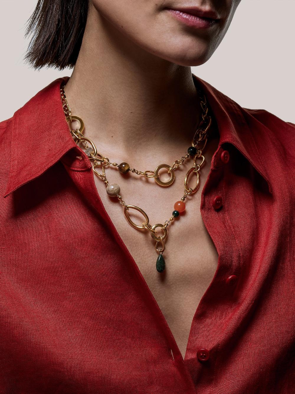 Jigsaw Mixed Loop Double Necklace Gold