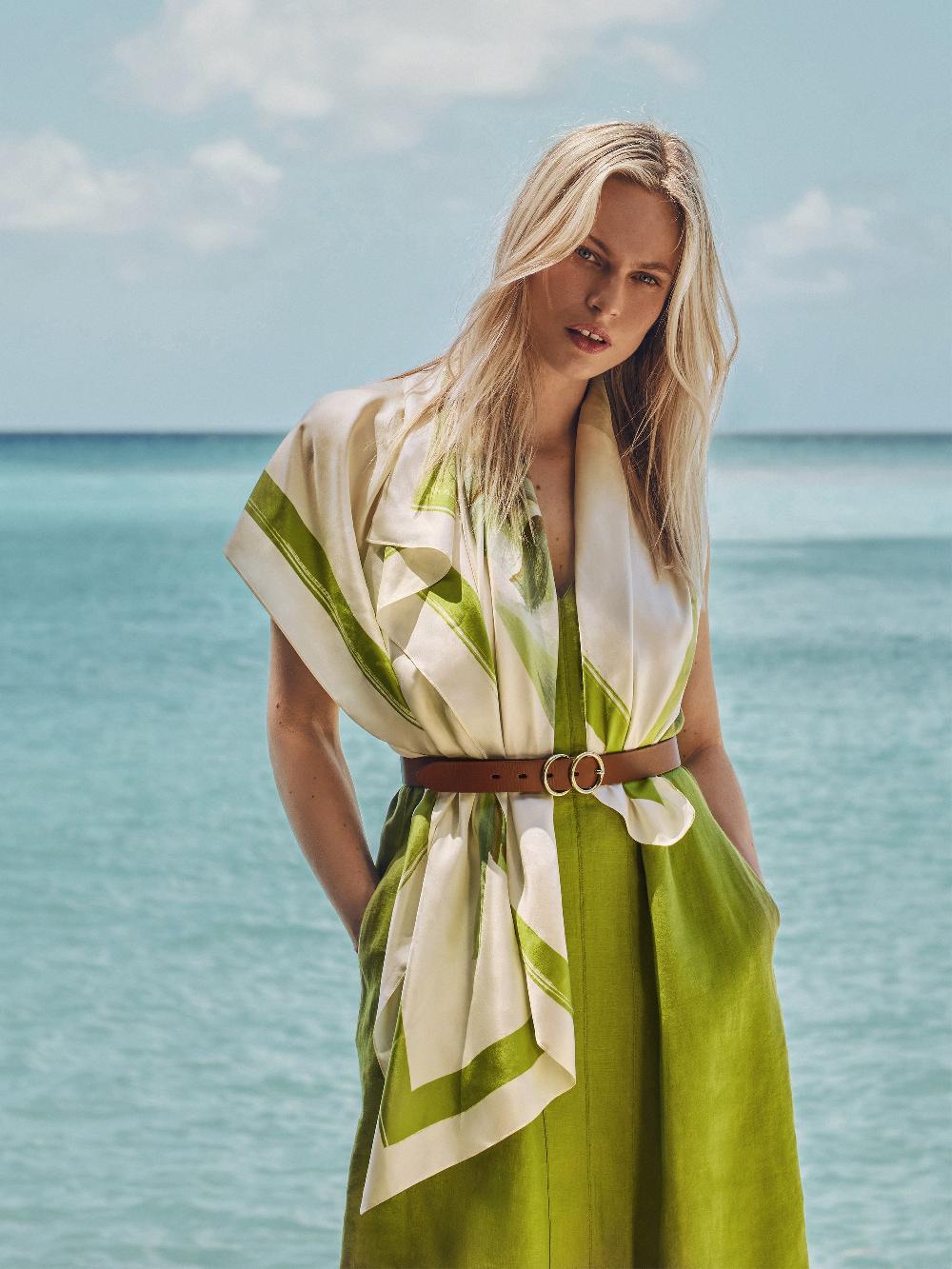 Jigsaw Painted Lily Silk Twill Scarf Green