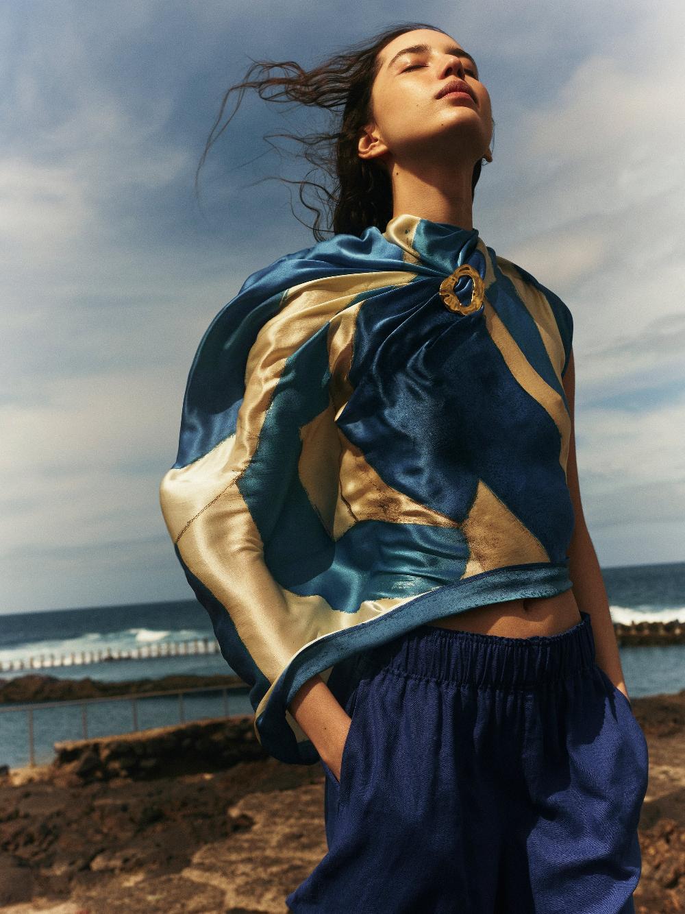 Jigsaw Pastel Abstract Oversized Silk Scarf Blue