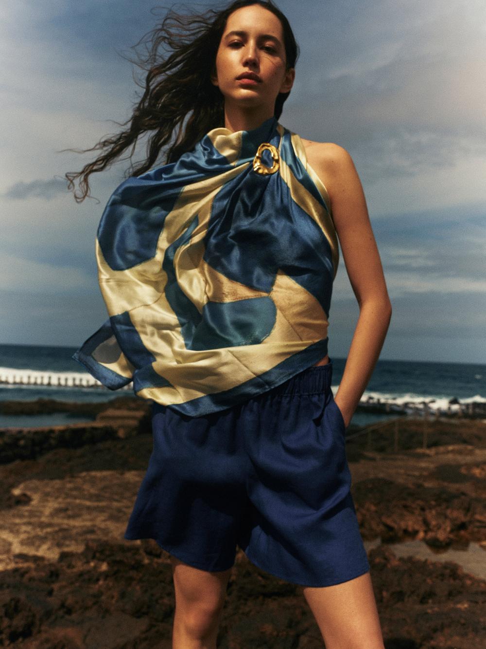 Jigsaw Pastel Abstract Oversized Silk Scarf Blue