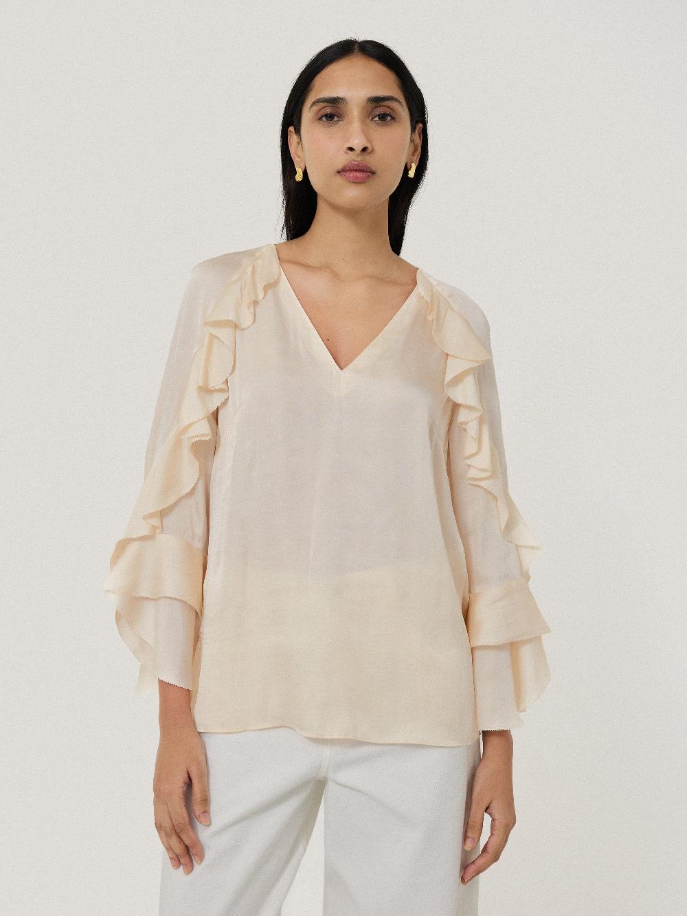 Jigsaw Recycled Satin Fluid Frill Top Ivory