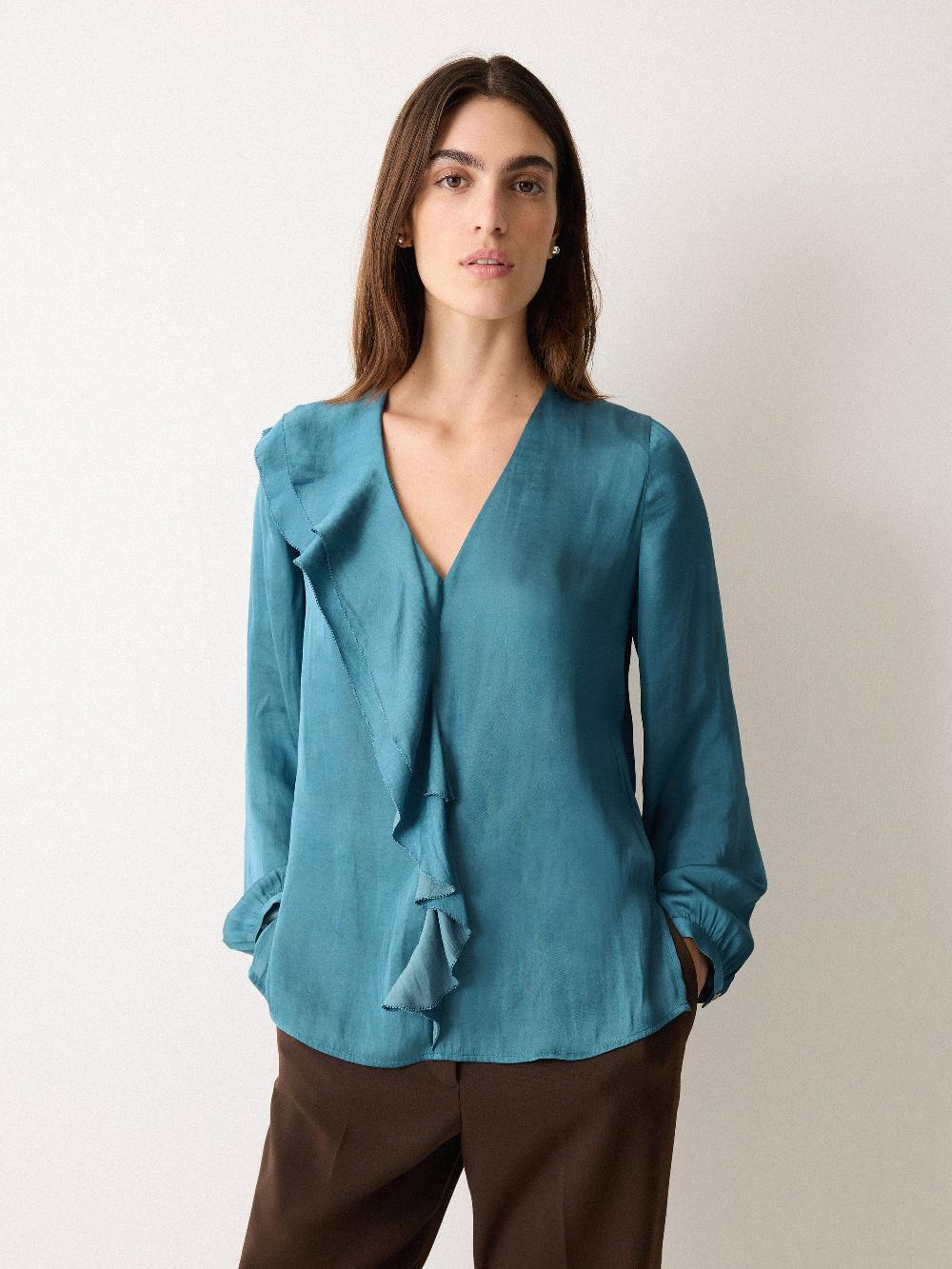 Jigsaw Recycled Satin Frill Blouse Blue