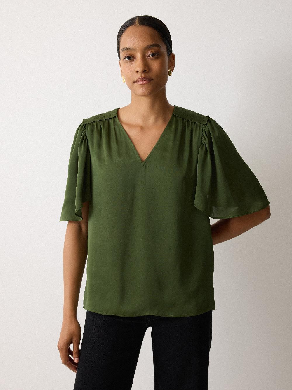 Jigsaw Recycled Satin Pleated Blouse Green