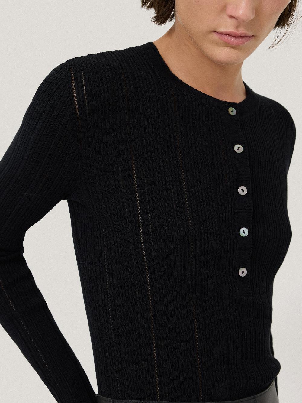 Jigsaw Rib Pointelle Henley Jumper Black