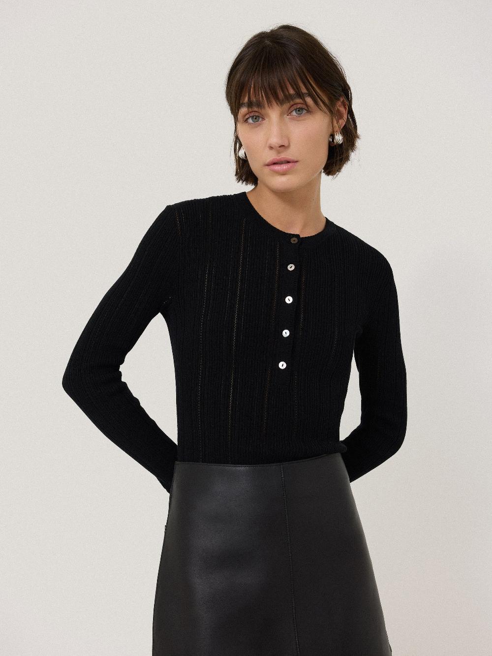 jigsaw Rib Pointelle Henley Jumper Black