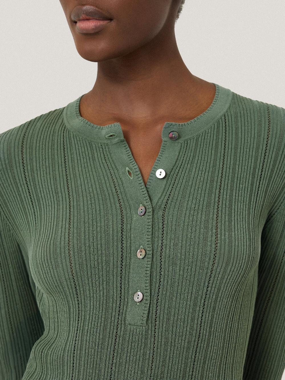 Jigsaw Rib Pointelle Henley Jumper Green