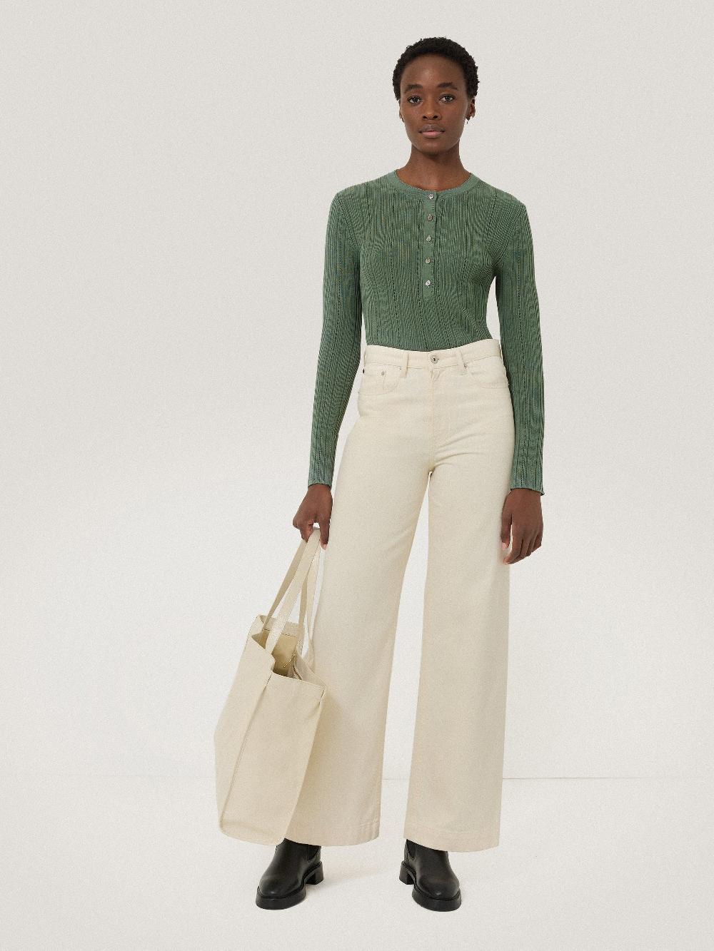 Jigsaw Rib Pointelle Henley Jumper Green