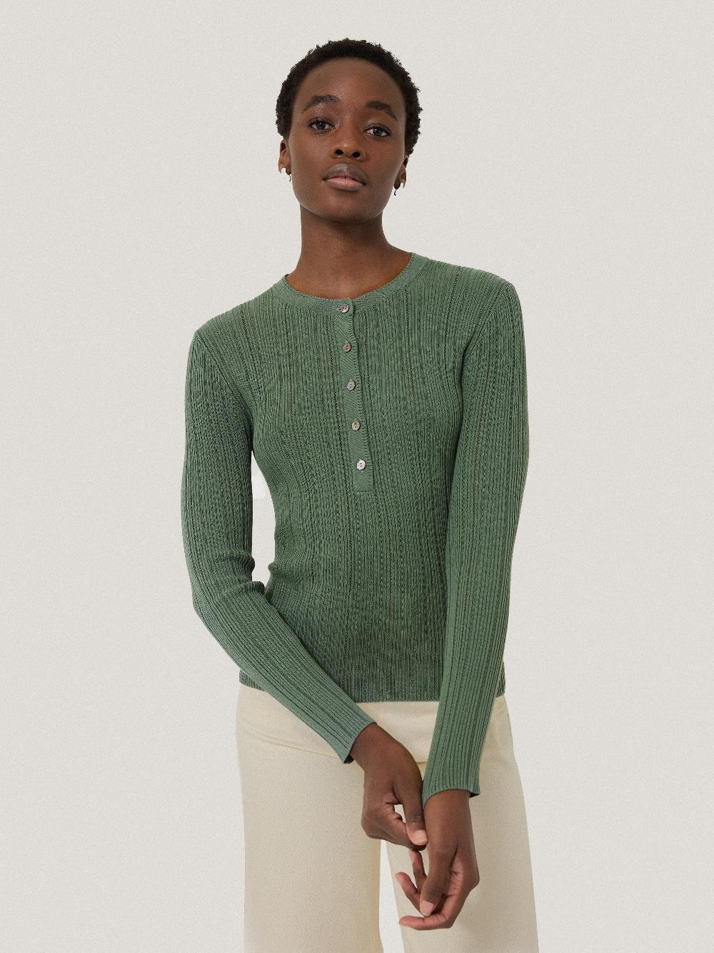 jigsaw Rib Pointelle Henley Jumper Green