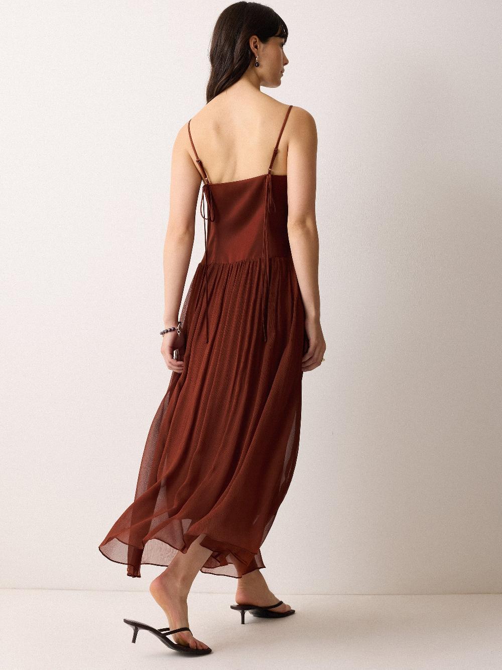 Jigsaw Silk Mix Drop Waist Dress Brown