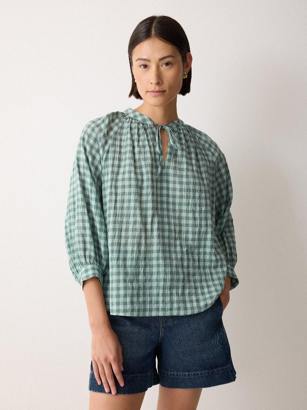 Jigsaw V Neck Checked Relaxed Blouse Green