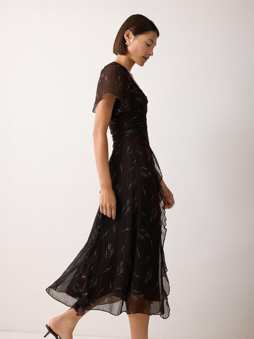 Jigsaw Wheat Flower Ruched Bias Dress Brown