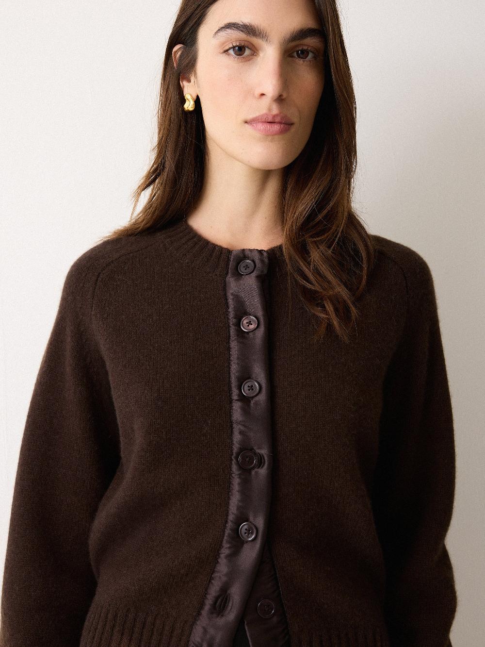 Jigsaw Wool Blend Satin Trim Cardigan Brown
