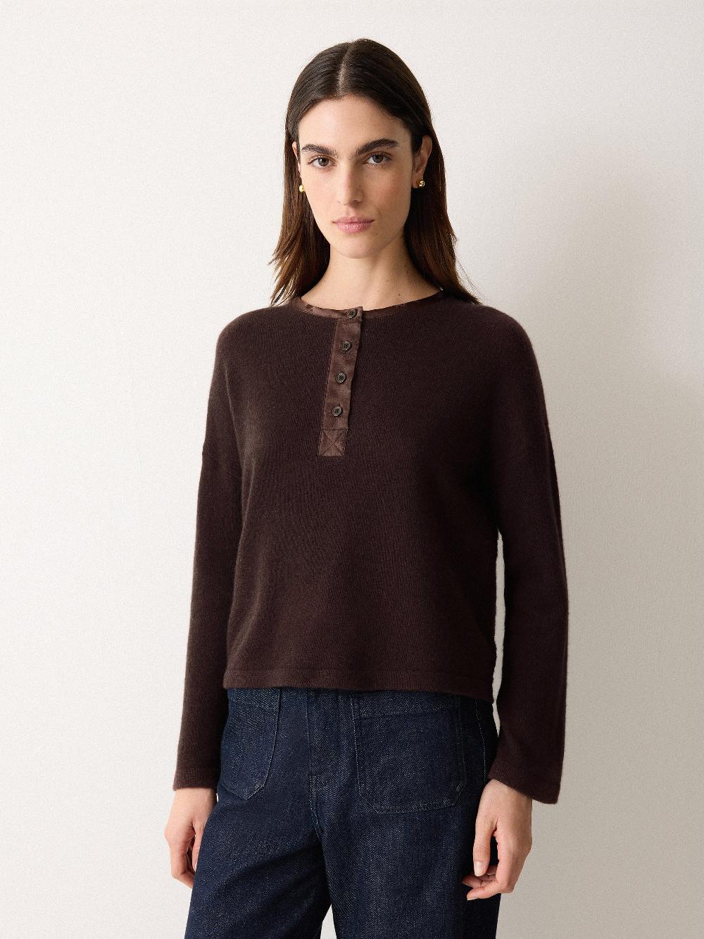 Jigsaw Wool Blend Satin Trim Top Brown