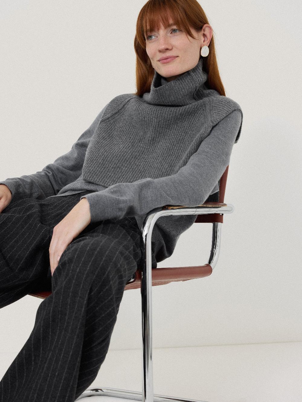 jigsaw Wool Cashmere Roll Neck Bib Grey