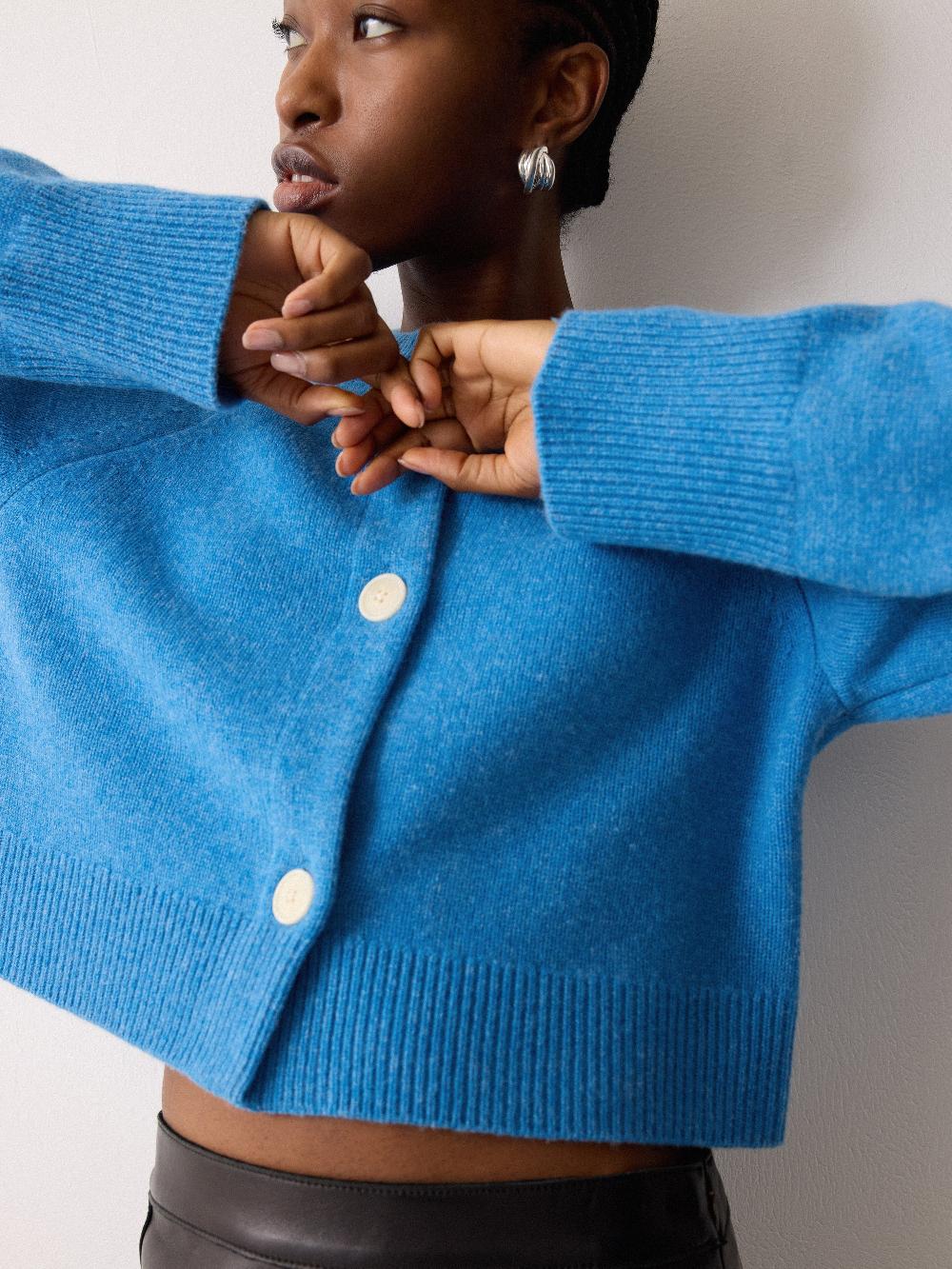 Jigsaw Wool Cropped Raglan Cardigan Blue