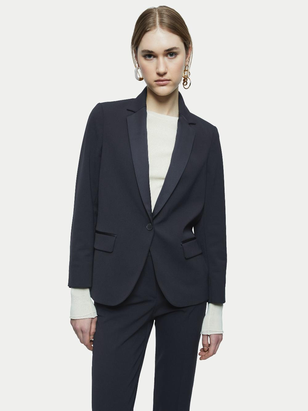jigsaw Paris Brook Satin Lapel Shortline Blazer Navy