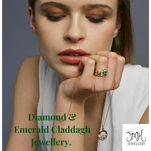 Jmh 14ct Gold Claddagh Diamond And Emerald Ring 8115 JMH Jewellery