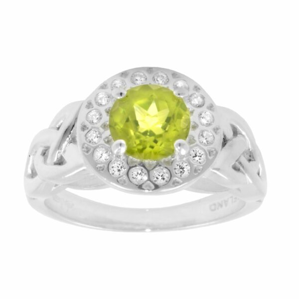 jmh Peridot and CZ Halo trinity knot ring 1163