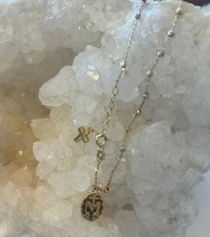 Jnb 14K Gold Bracelet With Oval Mother Mary Pendant & Small Cross On Ball Chain Bracelet