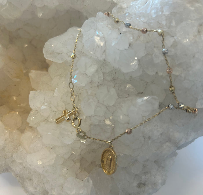 jnb 14K Gold Bracelet with Oval Mother Mary Pendant & Small Cross on Ball Chain Bracelet