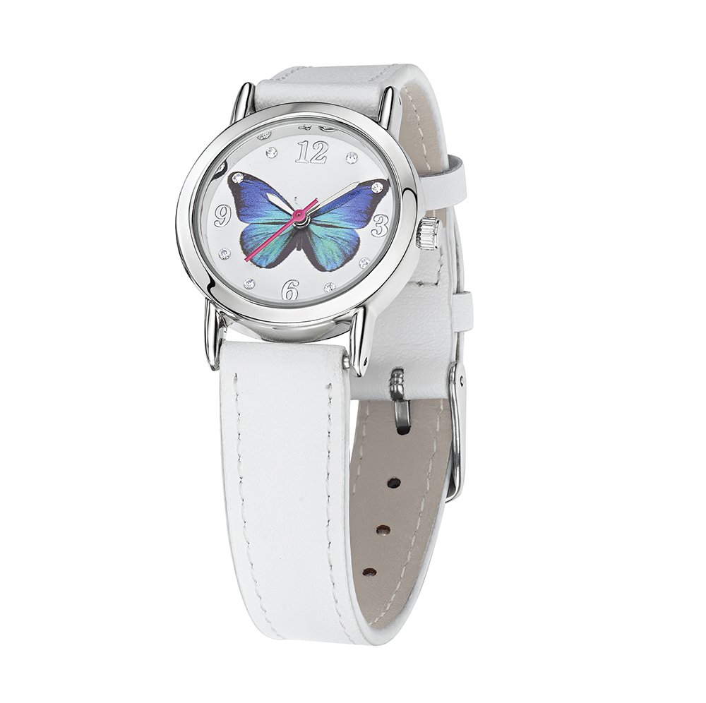 jo for girls blue butterfly watch with white leather strap